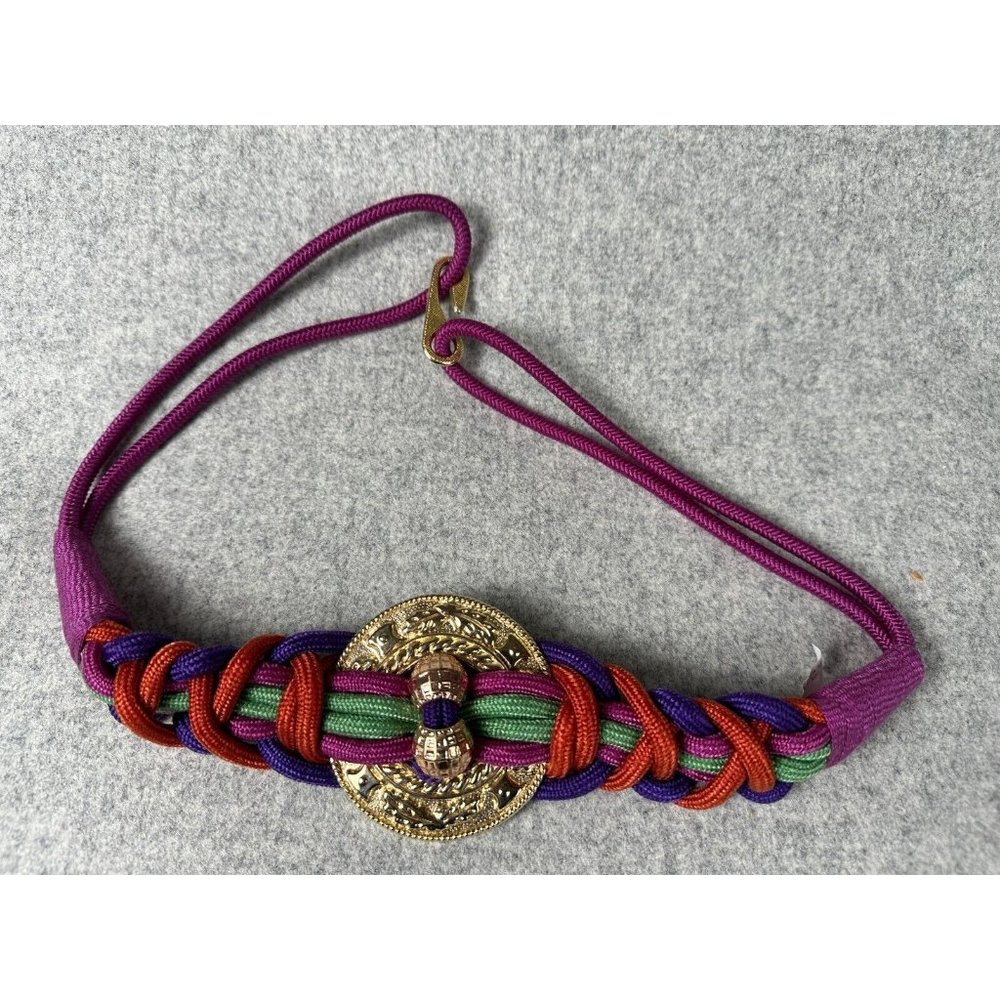 Vintage Statement Braided Belt Womens Pink Waist 80s 90s Boho Colorful Medallion